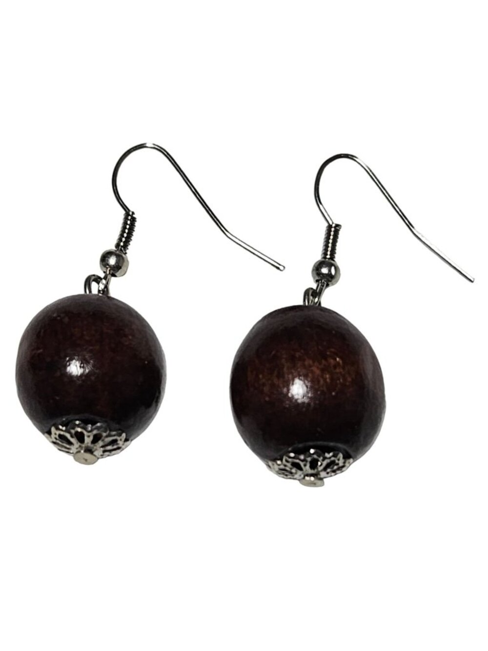 Handcrafted Wooden Bead Dangle Earrings Silver Filigree Accents Retro Jewelry